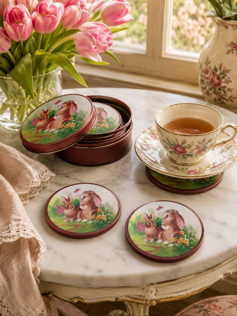 Vintage Bunny Rabbit Coasters Set of 6 w Matching Tin Cottagecore